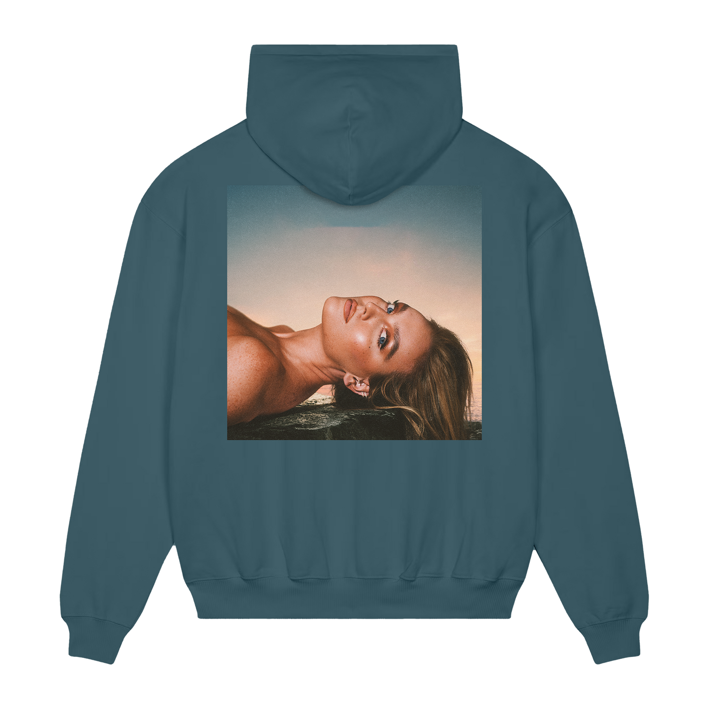 Teal hoodie with printed 'PERRIE' album artwork on the back