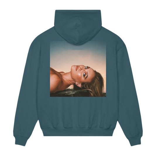 Teal hoodie with printed 'PERRIE' album artwork on the back