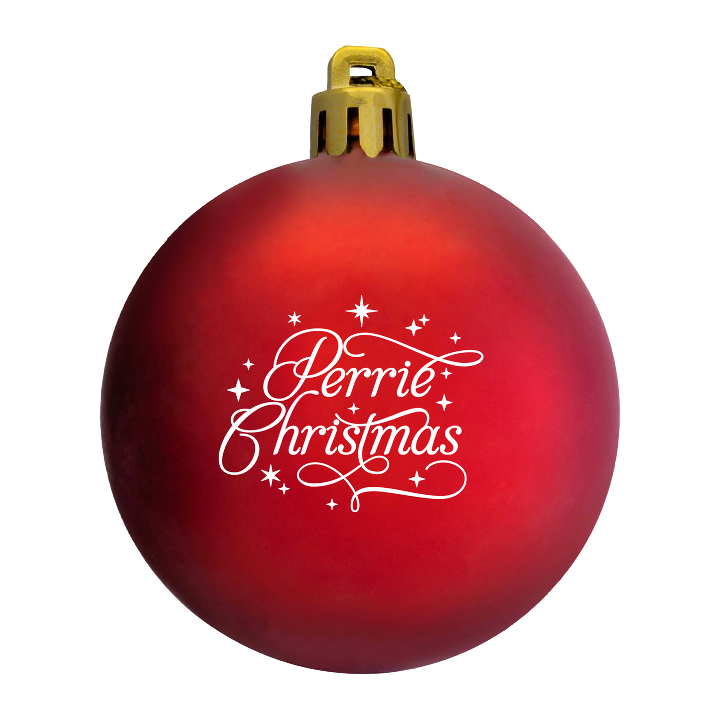A red Christmas bauble with the text 'Perrie Christmas' written in white script.