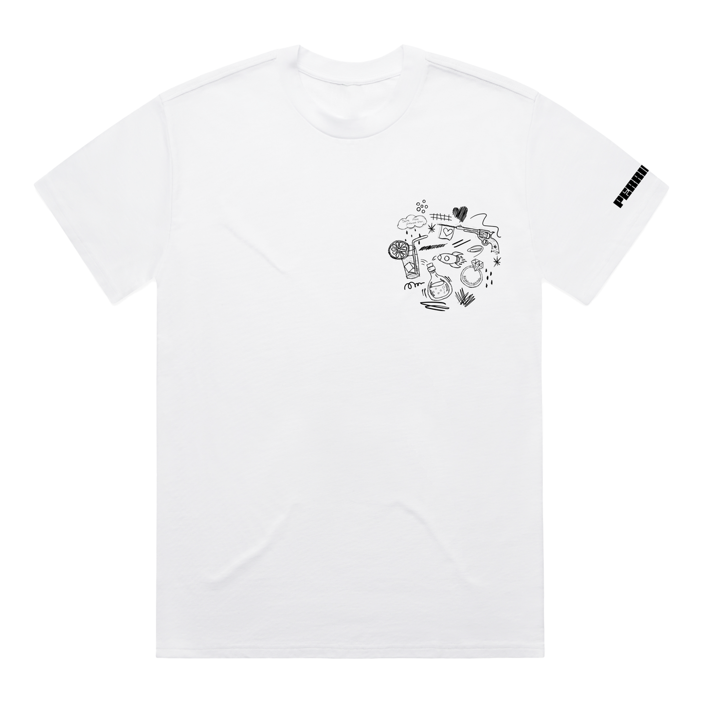 White T-Shirt with Perrie doodles design across the chest, and black Perrie text across the left sleeve
