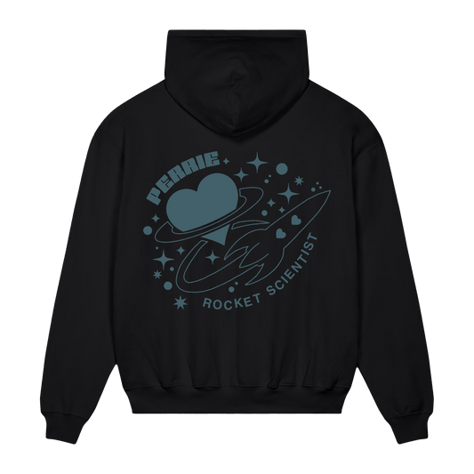 Black hoodie with blue graphic Rocket Scientist design across the back