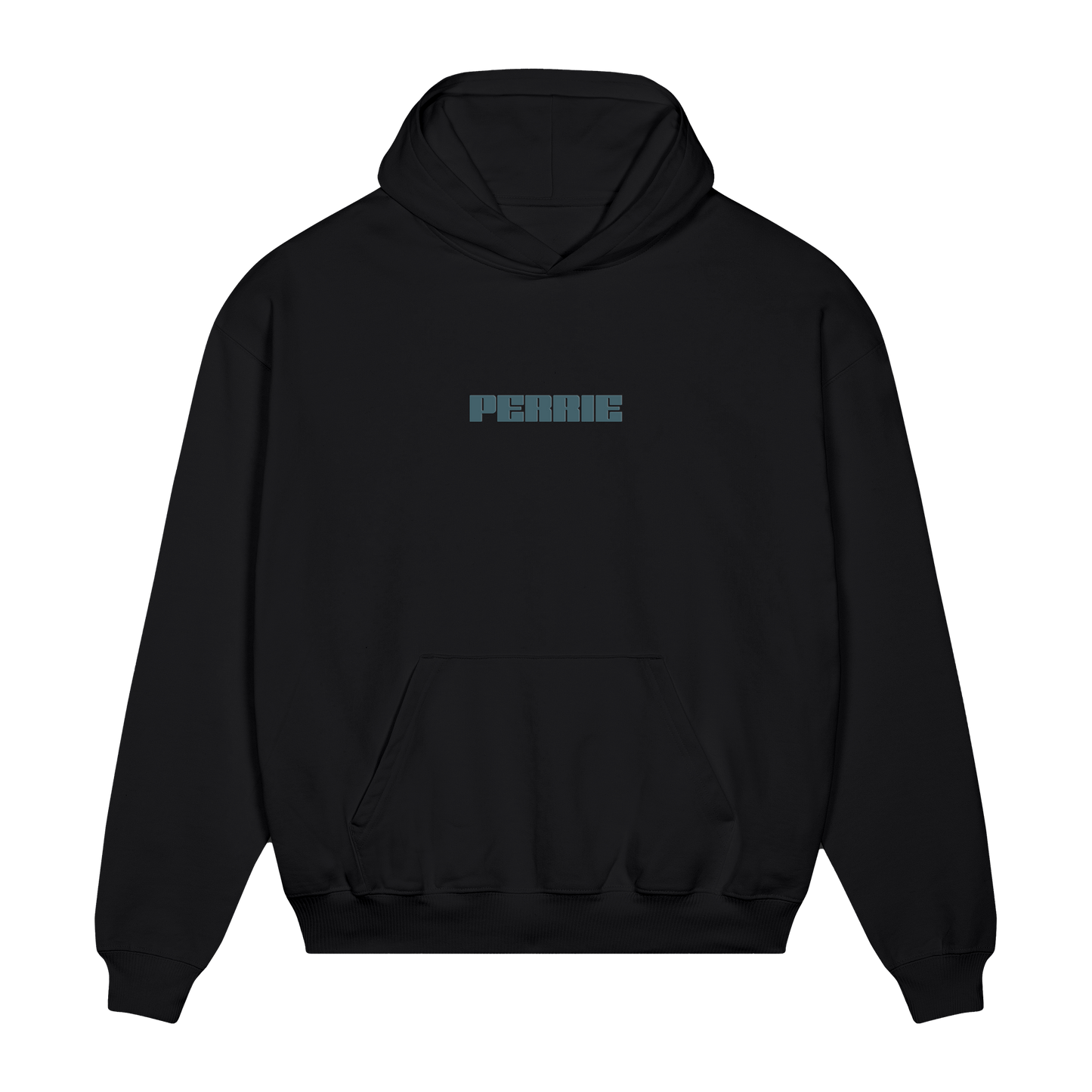 Black hoodie with 'PERRIE' logo on the front.
