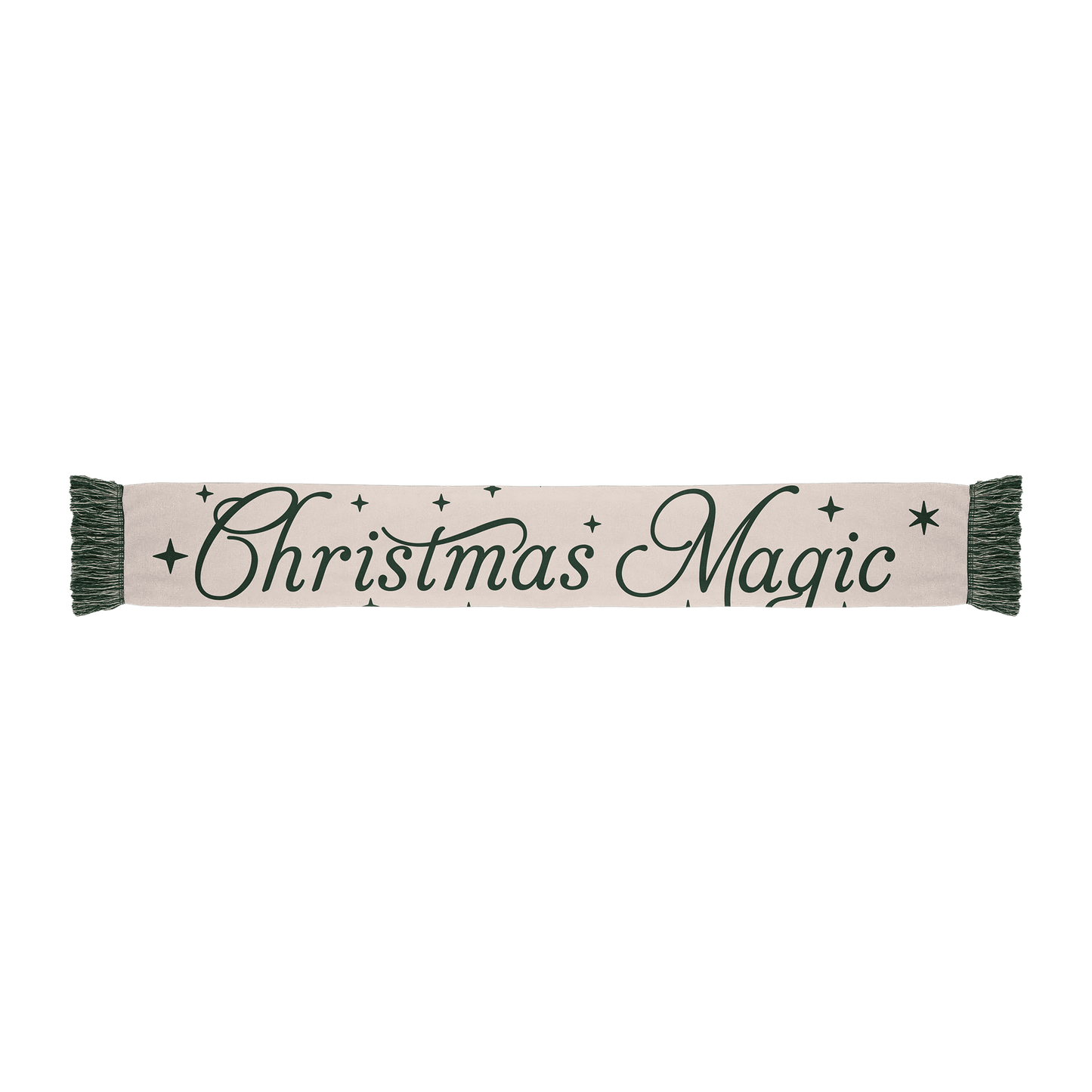 Scarf with green “Christmas Magic” text and matching green frilled ends.