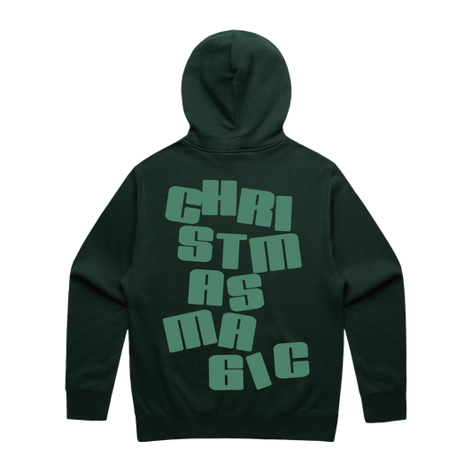Pine green hoodie with light green 'Christmas Magic' print across the back