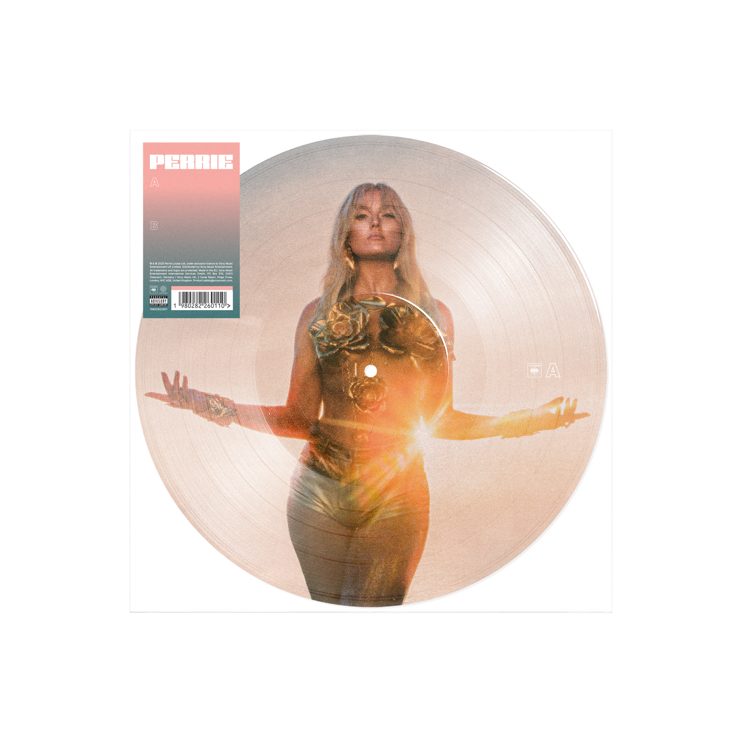 Perrie picture disc featuring an image of Perrie in a golden outfit against a sunset backdrop.