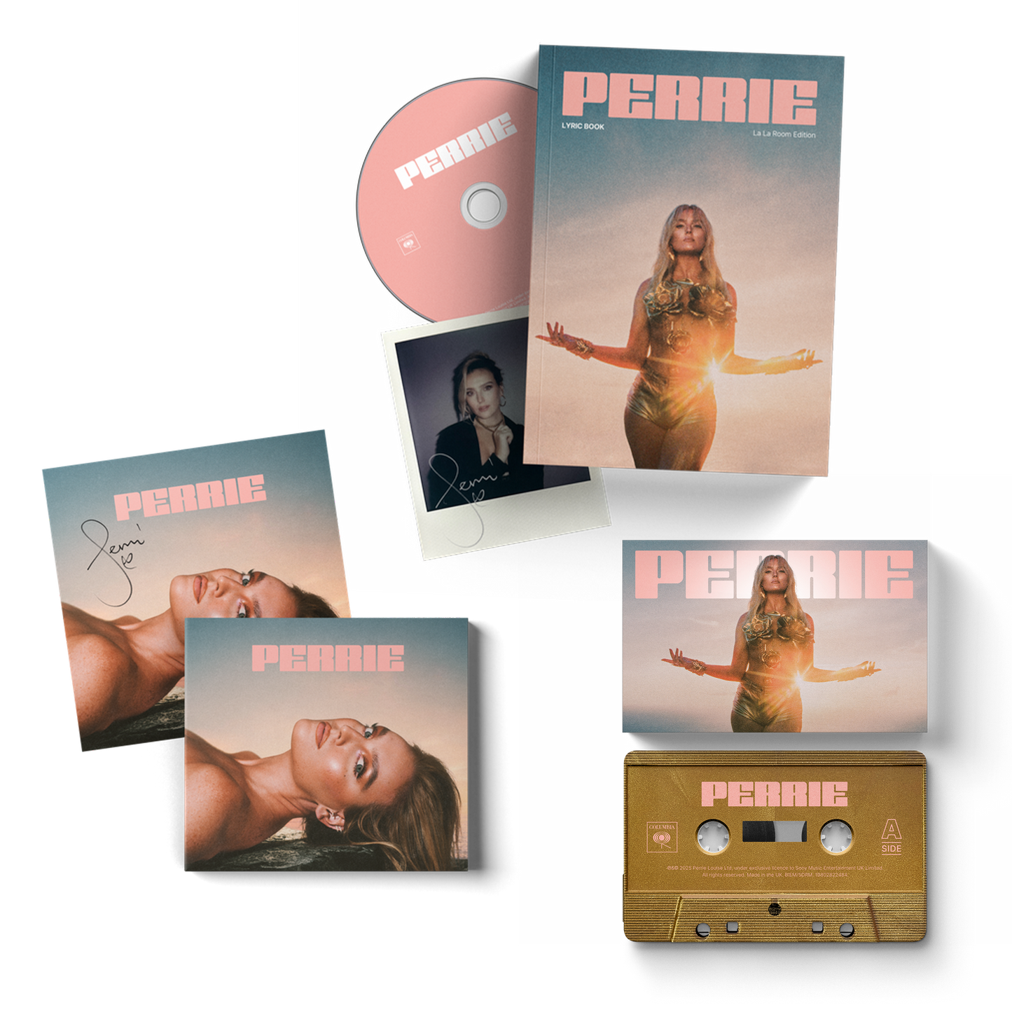 Music collection with 'Perrie' album covers, CD, and cassette on a white background