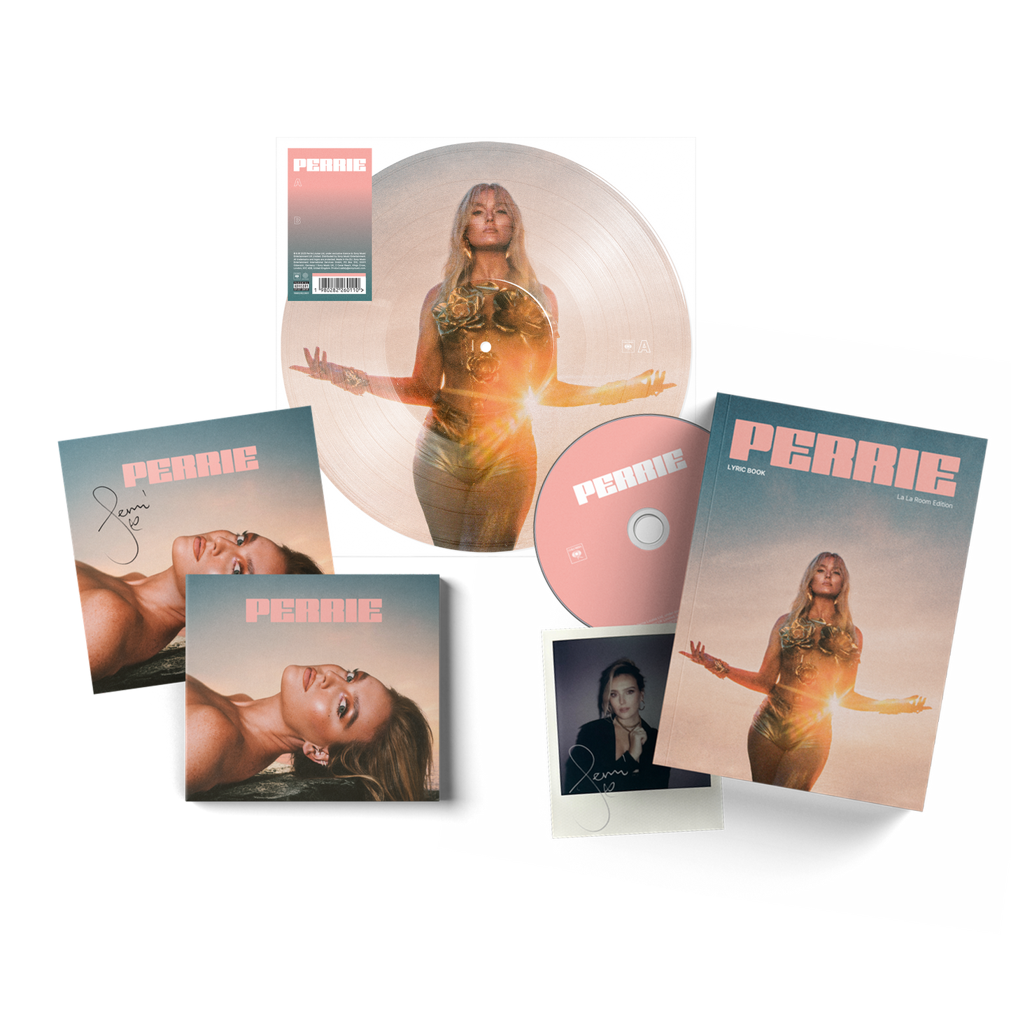 PERRIE Signed bundle including a picture disc, lyric book w. a CD and signed polaroid and a signed CD