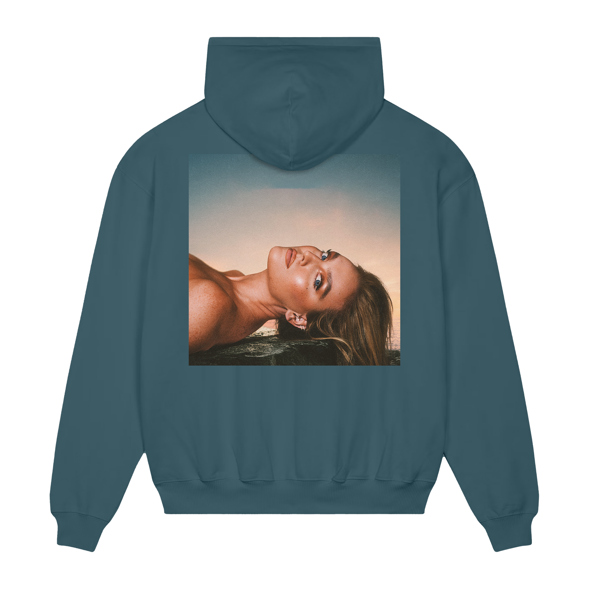 Teal hoodie with printed 'PERRIE' album artwork on the back