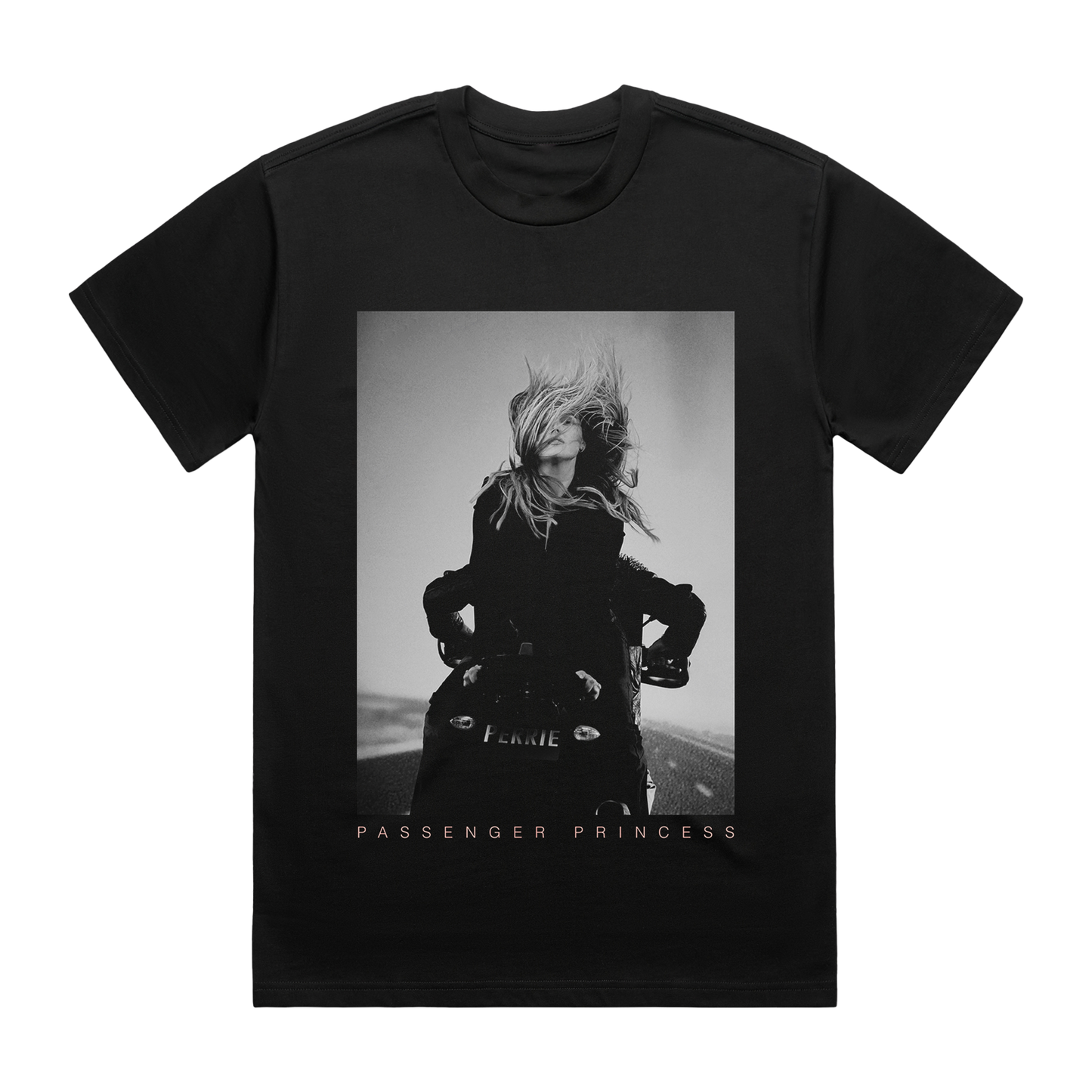 Black t-shirt with a graphic of Perrie with text 'Passenger Princess' 