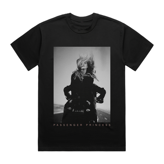 Black t-shirt with a graphic of Perrie with text 'Passenger Princess' 