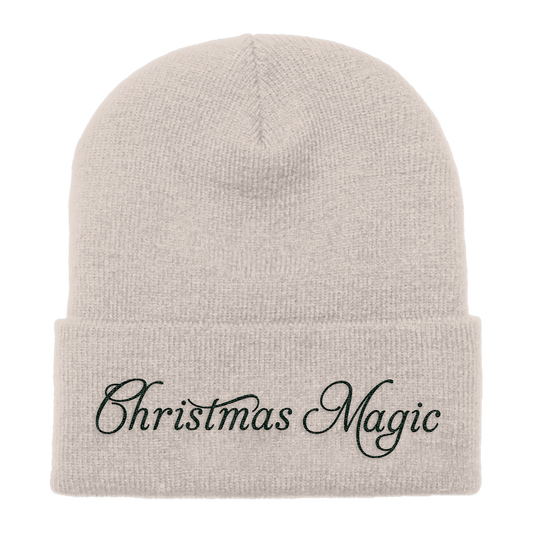 Beige beanie featuring Perrie “Christmas Magic” embroidery across the front.