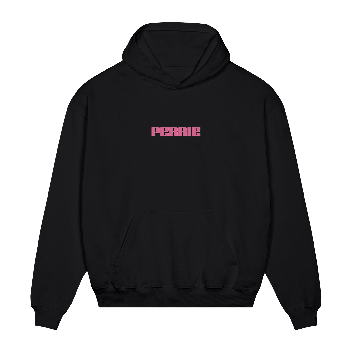 Black hoodie with pink Perrie text across the chest
