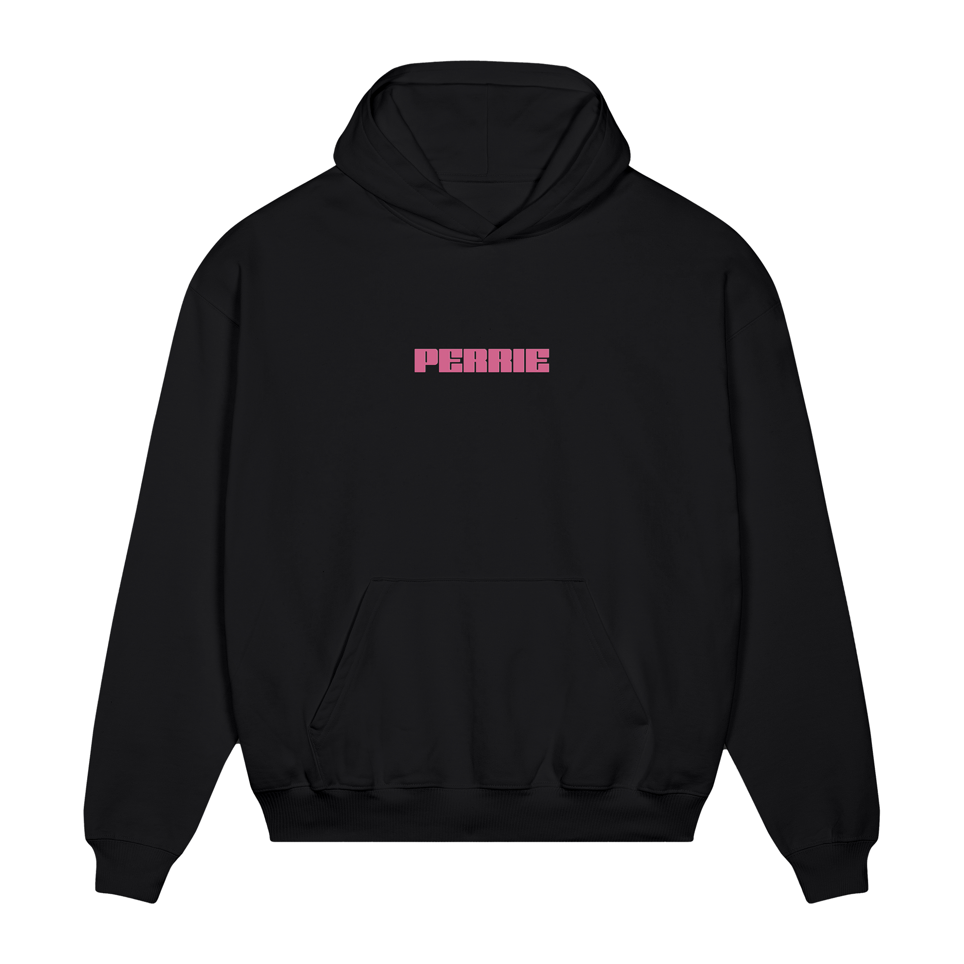 Black hoodie with pink Perrie text across the chest