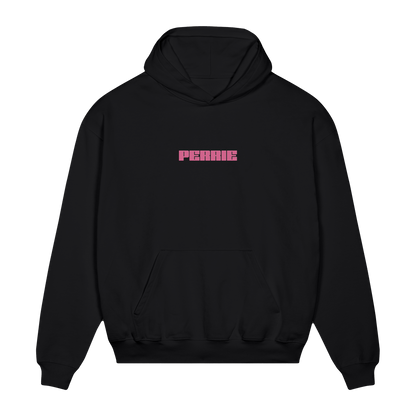 Black hoodie with pink Perrie text across the chest