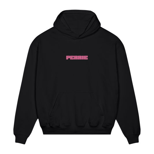 Black hoodie with pink Perrie text across the chest