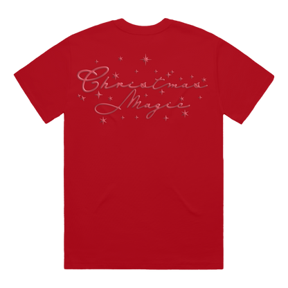 Red short-sleeve T-shirt with pink “Christmas Magic” text printed across the back.