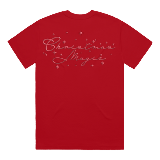 Red short-sleeve T-shirt with pink “Christmas Magic” text printed across the back.