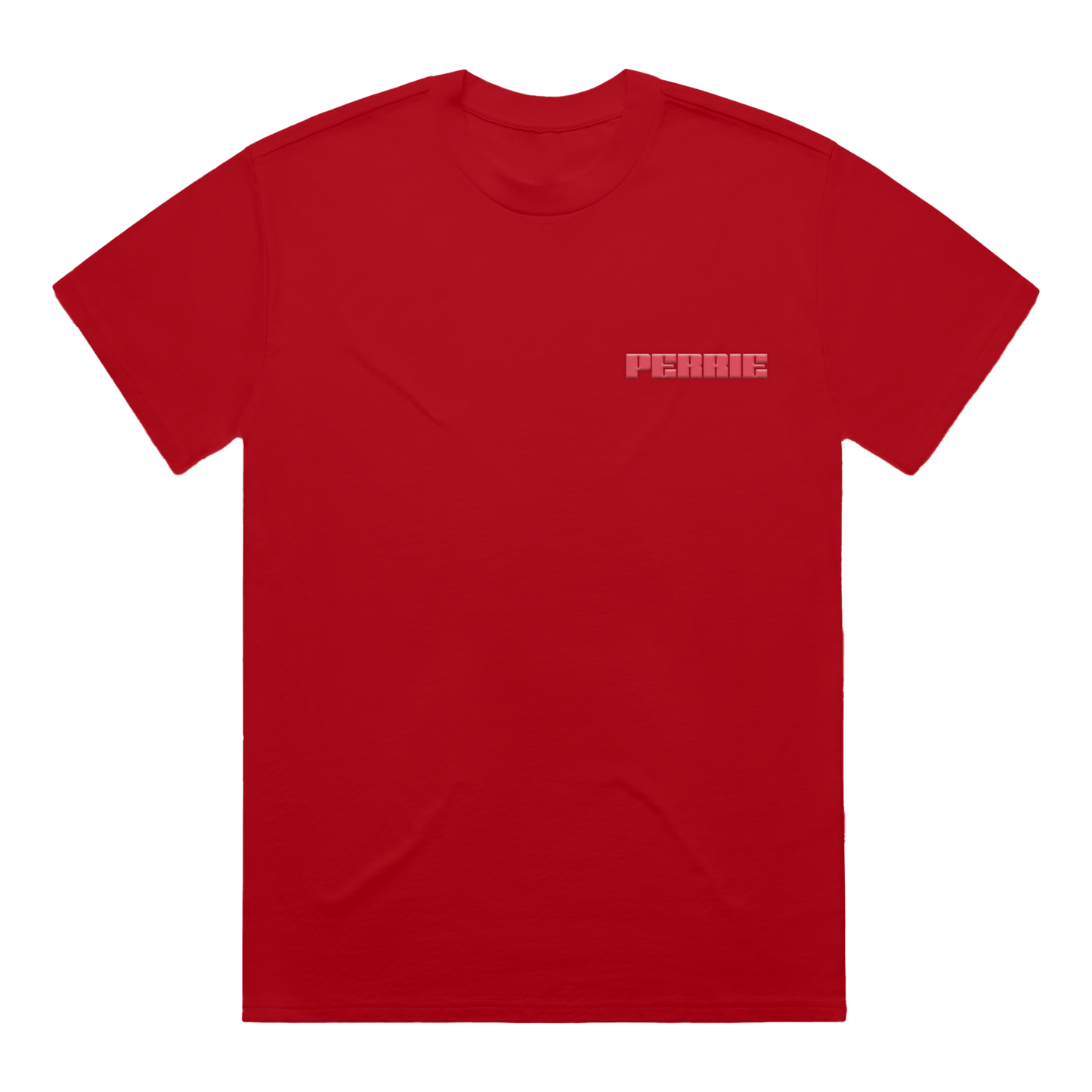 Red short-sleeve T-shirt featuring a pink Perrie print on the left chest.