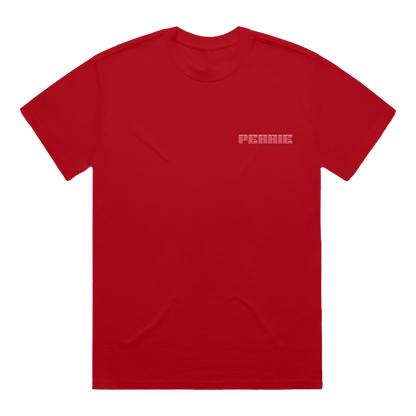 Red short-sleeve T-shirt featuring a pink Perrie print on the left chest.