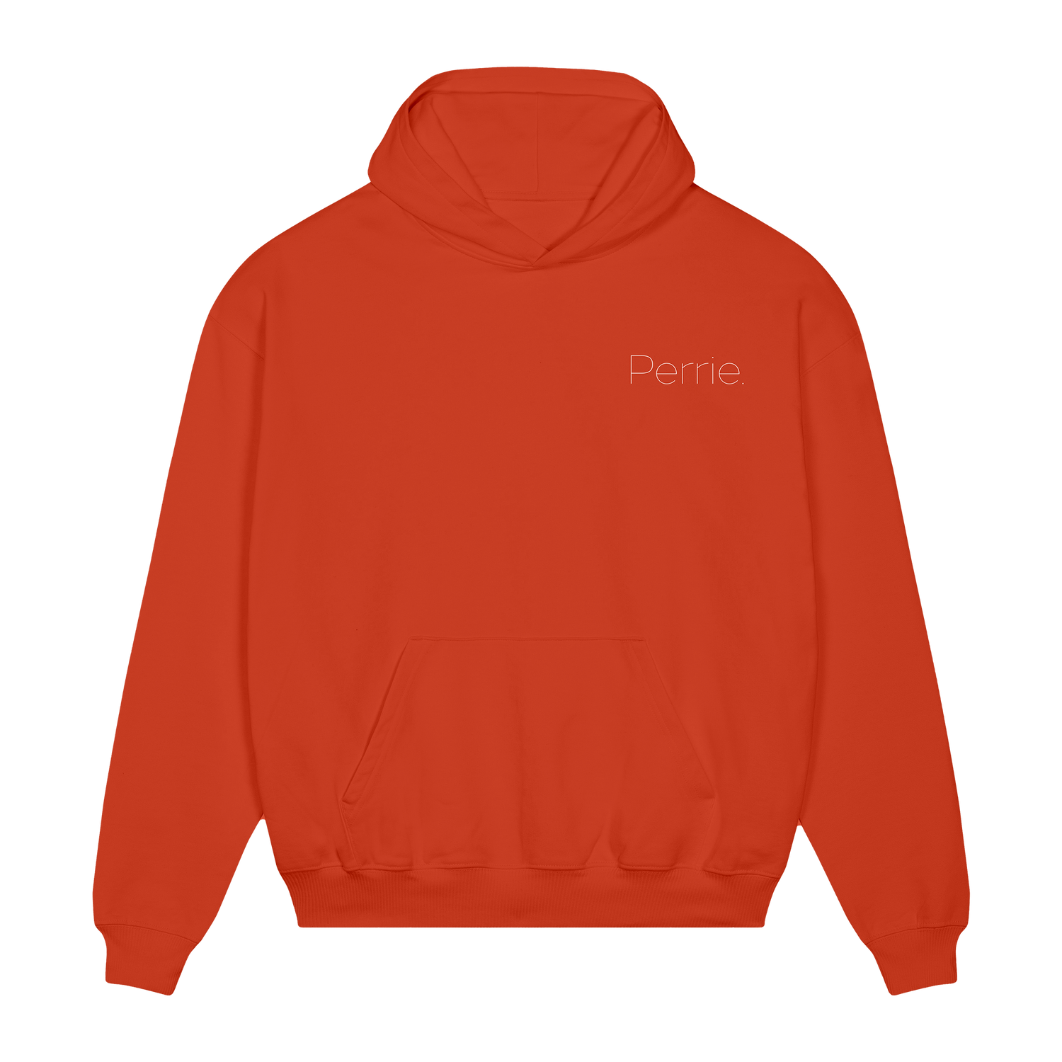Front view of a red hoodie with small white text reading “Perrie” on the left chest.