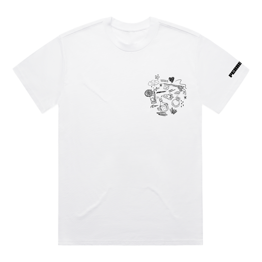 White T-Shirt with Perrie doodles design across the chest, and black Perrie text across the left sleeve