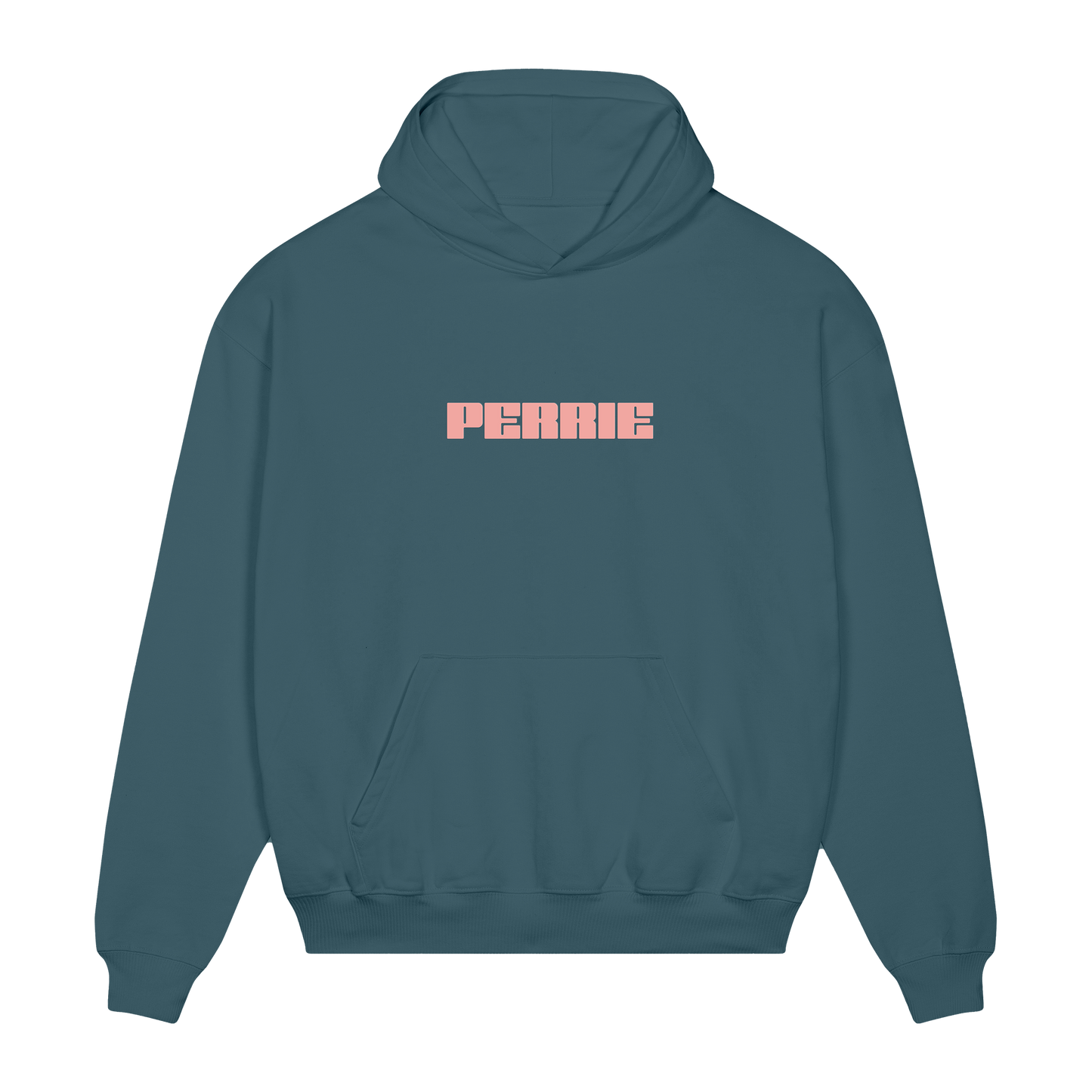 Teal hoodie with pink 'PERRIE' text printed across the front.