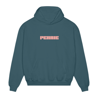 Teal hoodie with pink 'PERRIE' text printed across the front.