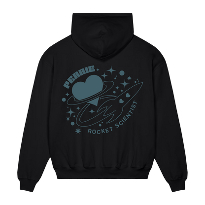 Black hoodie with blue graphic Rocket Scientist design across the back