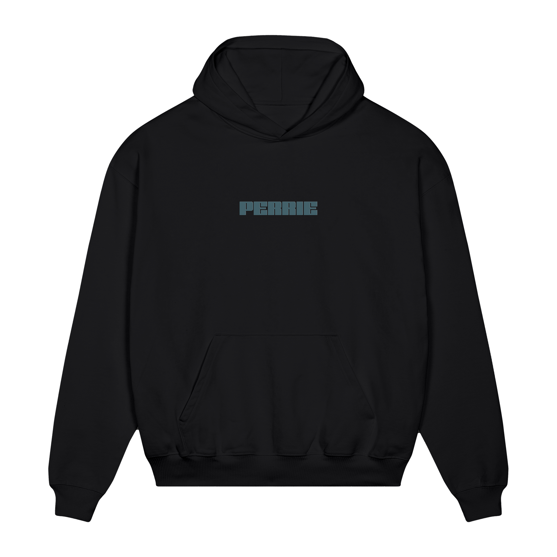 Black hoodie with 'PERRIE' logo on the front.