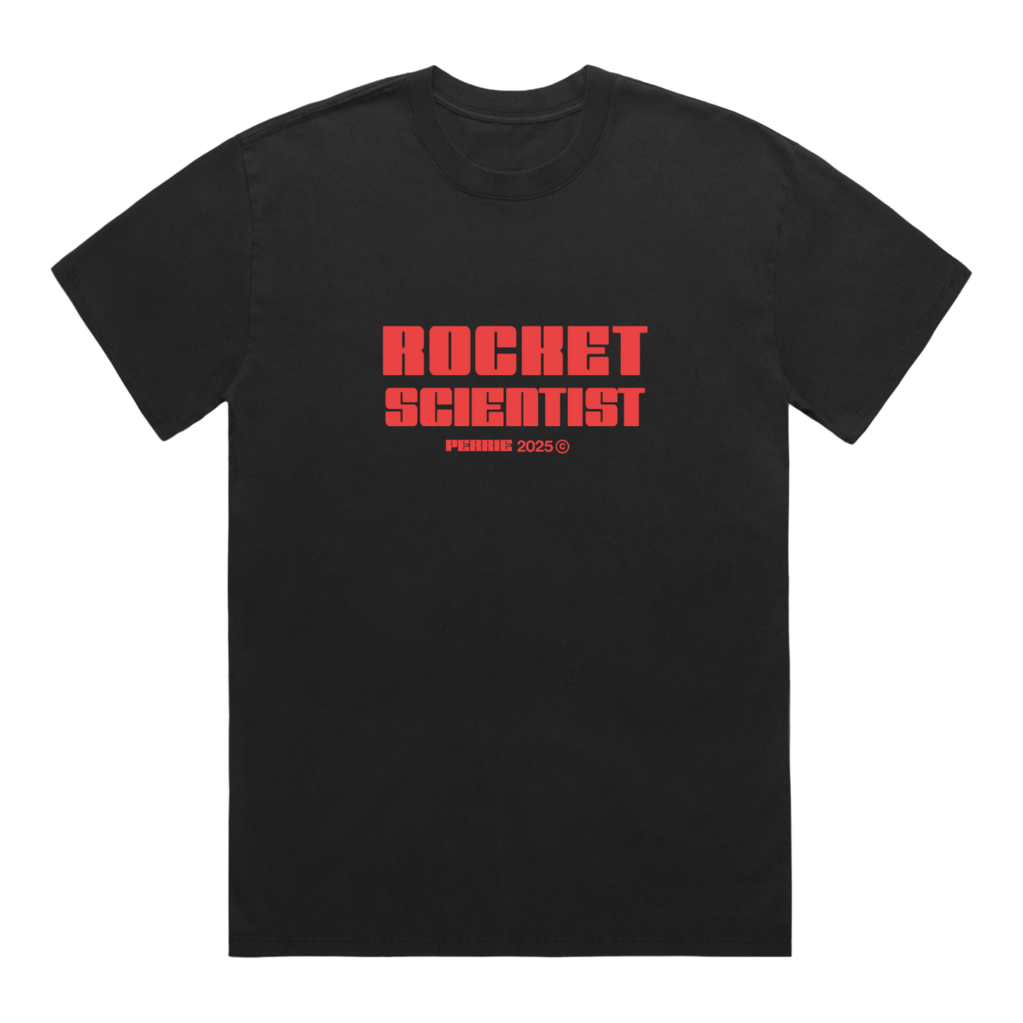 Black t-shirt with red 'Rocket Scientist' text.