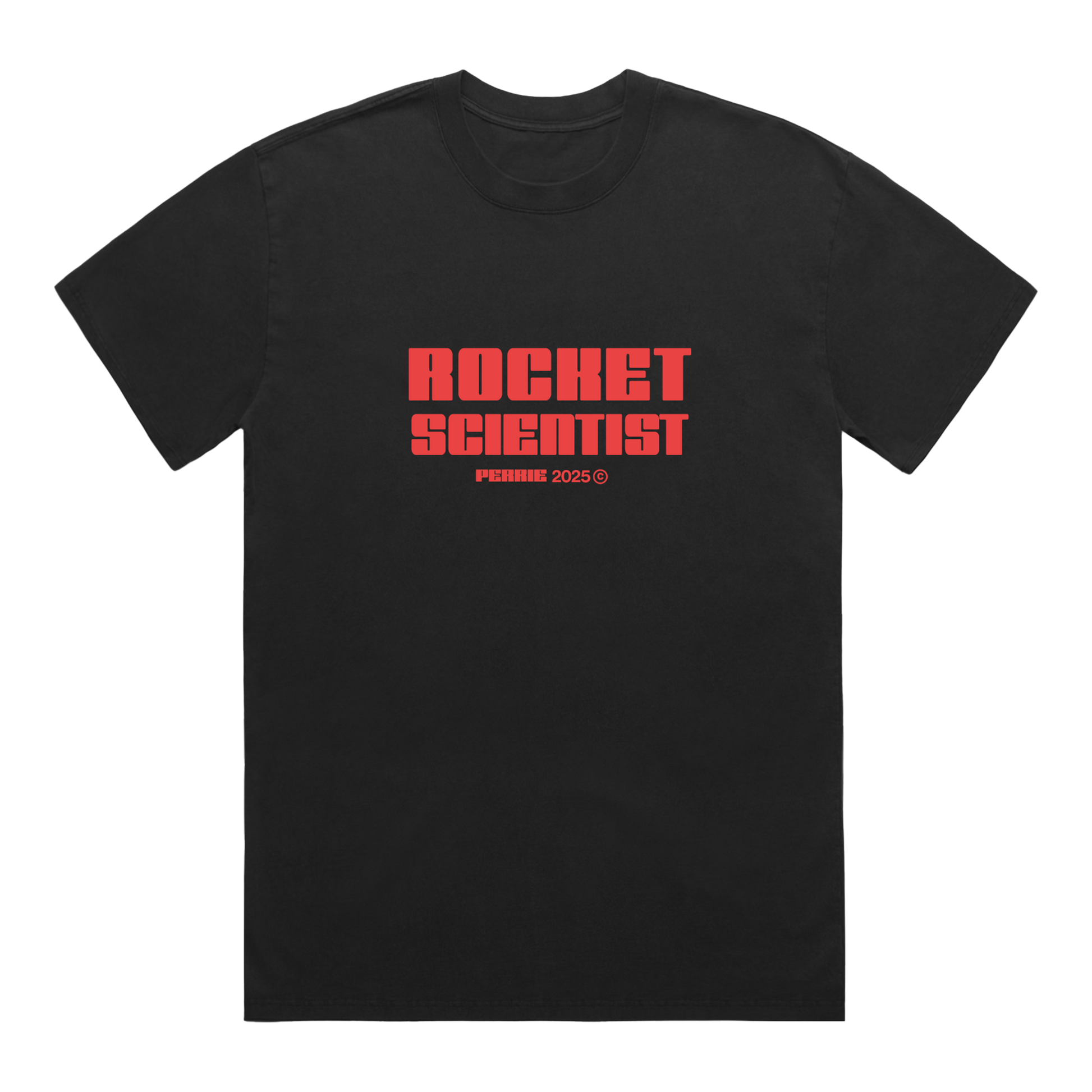 Black t-shirt with red 'Rocket Scientist' text.