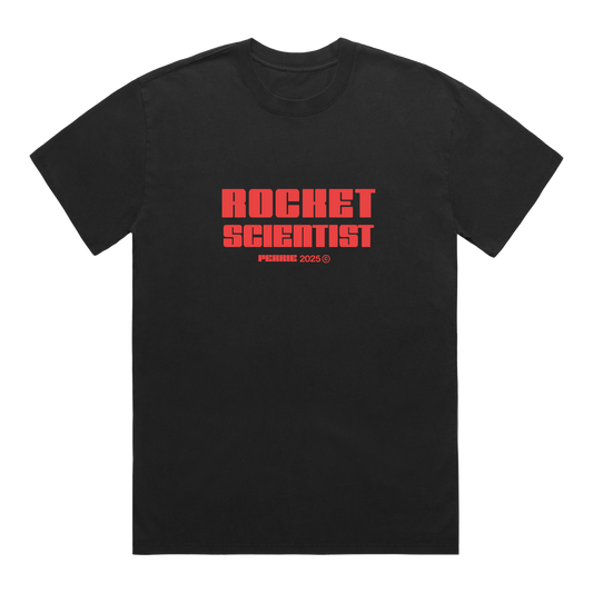 Black t-shirt with red 'Rocket Scientist' text.