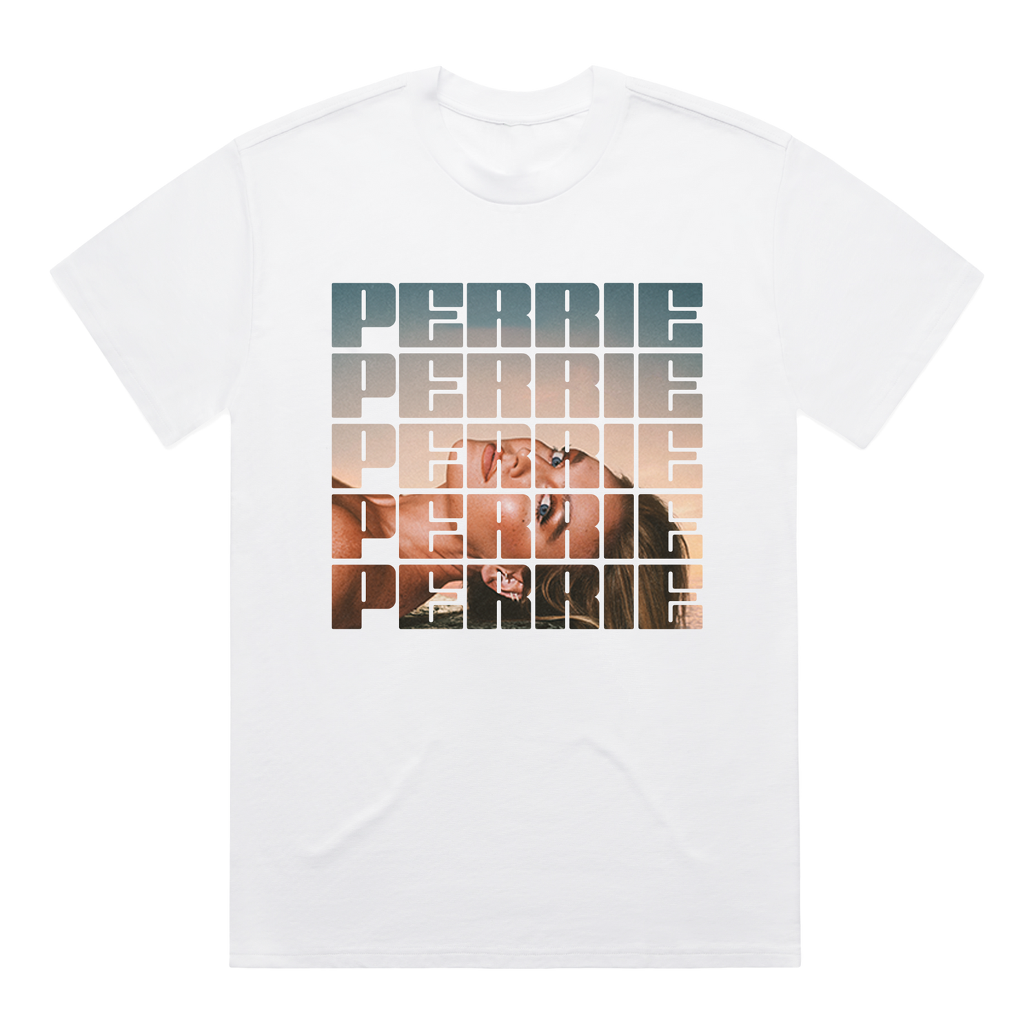 White short-sleeve t-shirt with Perrie Album print across the front.