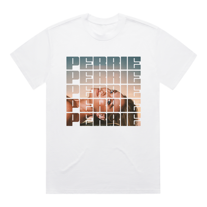 White short-sleeve t-shirt with Perrie Album print across the front.