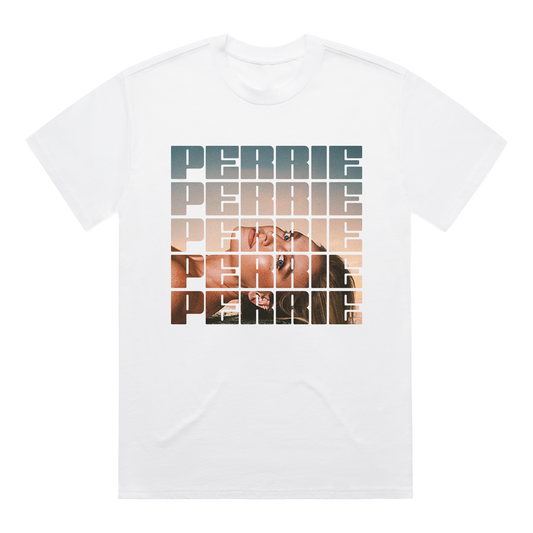 White short-sleeve t-shirt with Perrie Album print across the front.