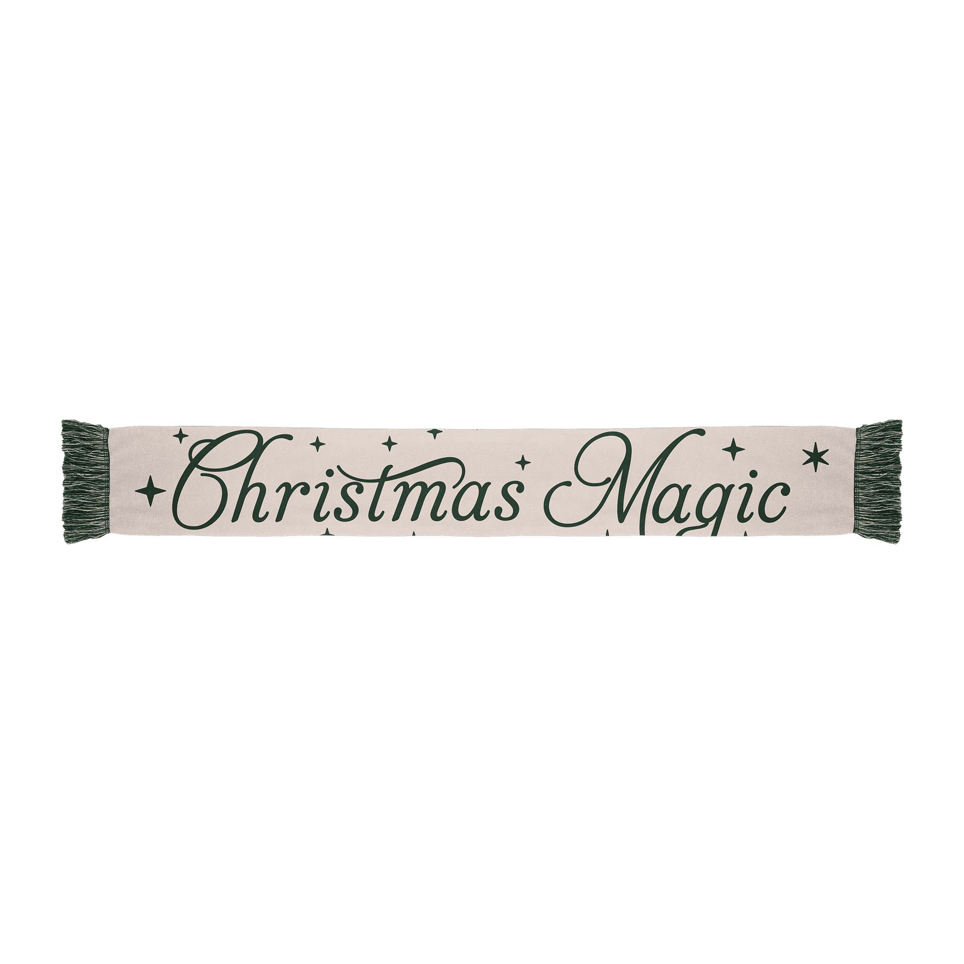 Scarf with green “Christmas Magic” text and matching green frilled ends.