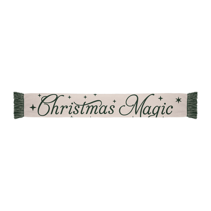 Scarf with green “Christmas Magic” text and matching green frilled ends.
