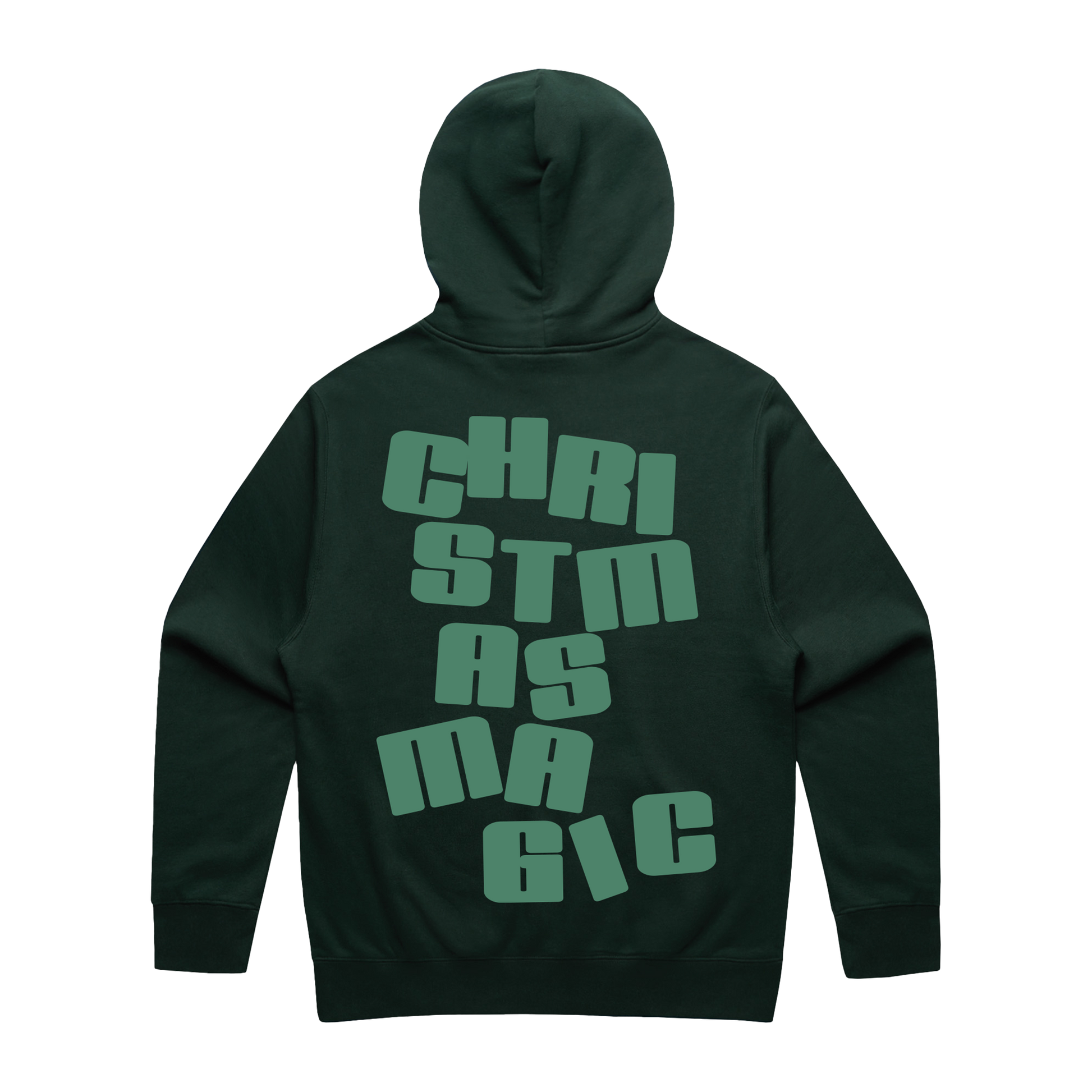 Pine green hoodie with light green 'Christmas Magic' print across the back