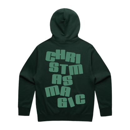 Pine green hoodie with light green 'Christmas Magic' print across the back