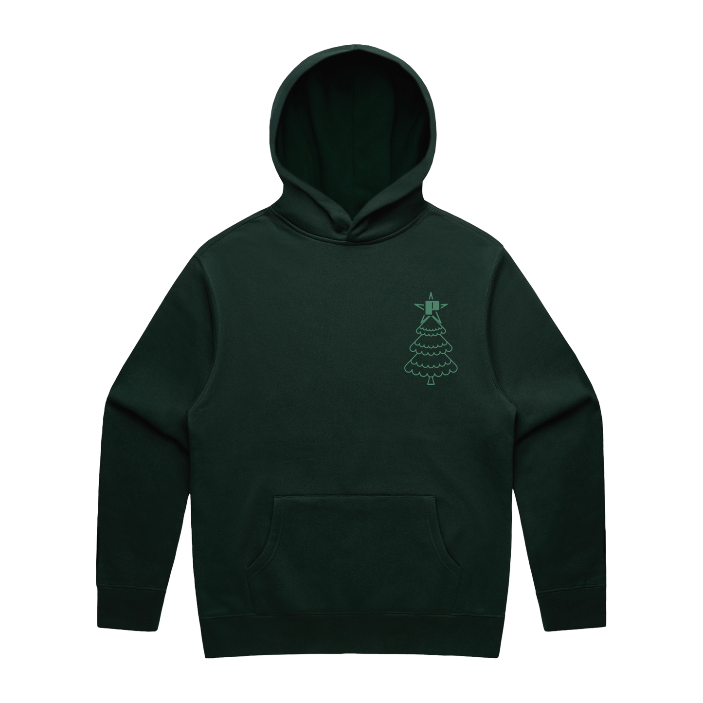 Pine green hoodie with a small light green Perrie Christmas tree print across the left chest