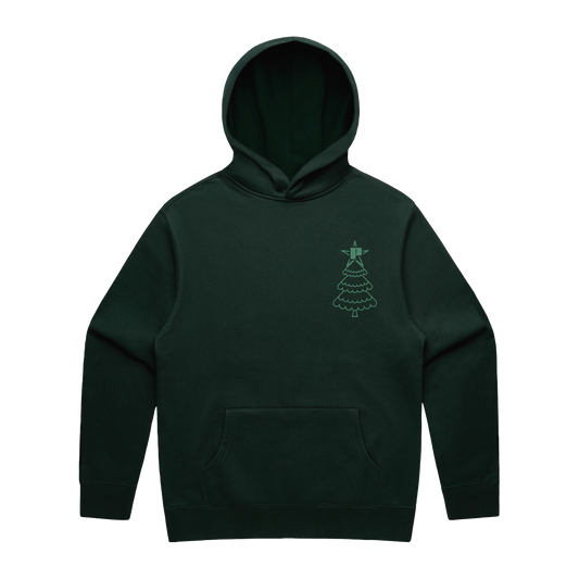 Pine green hoodie with a small light green Perrie Christmas tree print across the left chest
