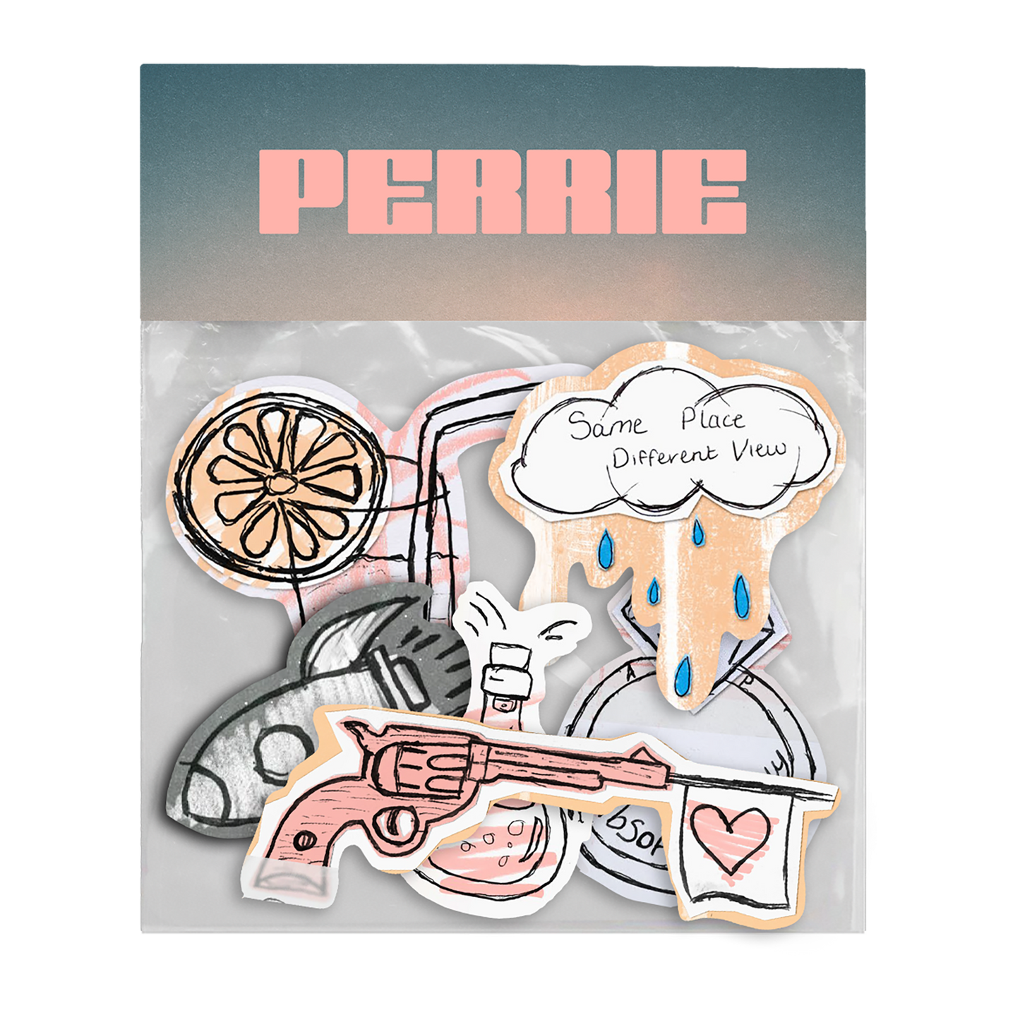Set of six colorful doodle stickers with various designs