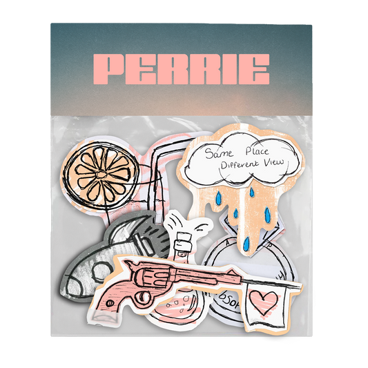 Set of six colorful doodle stickers with various designs