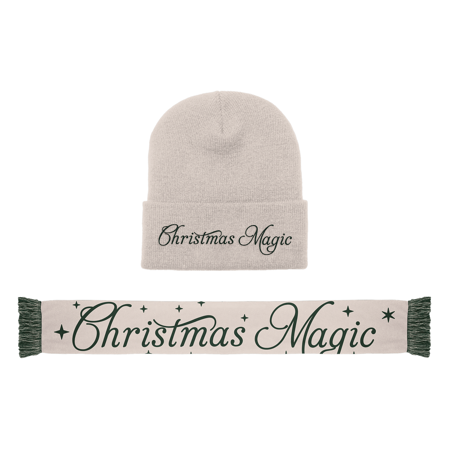 Beige beanie and scarf set with 'Christmas Magic' print