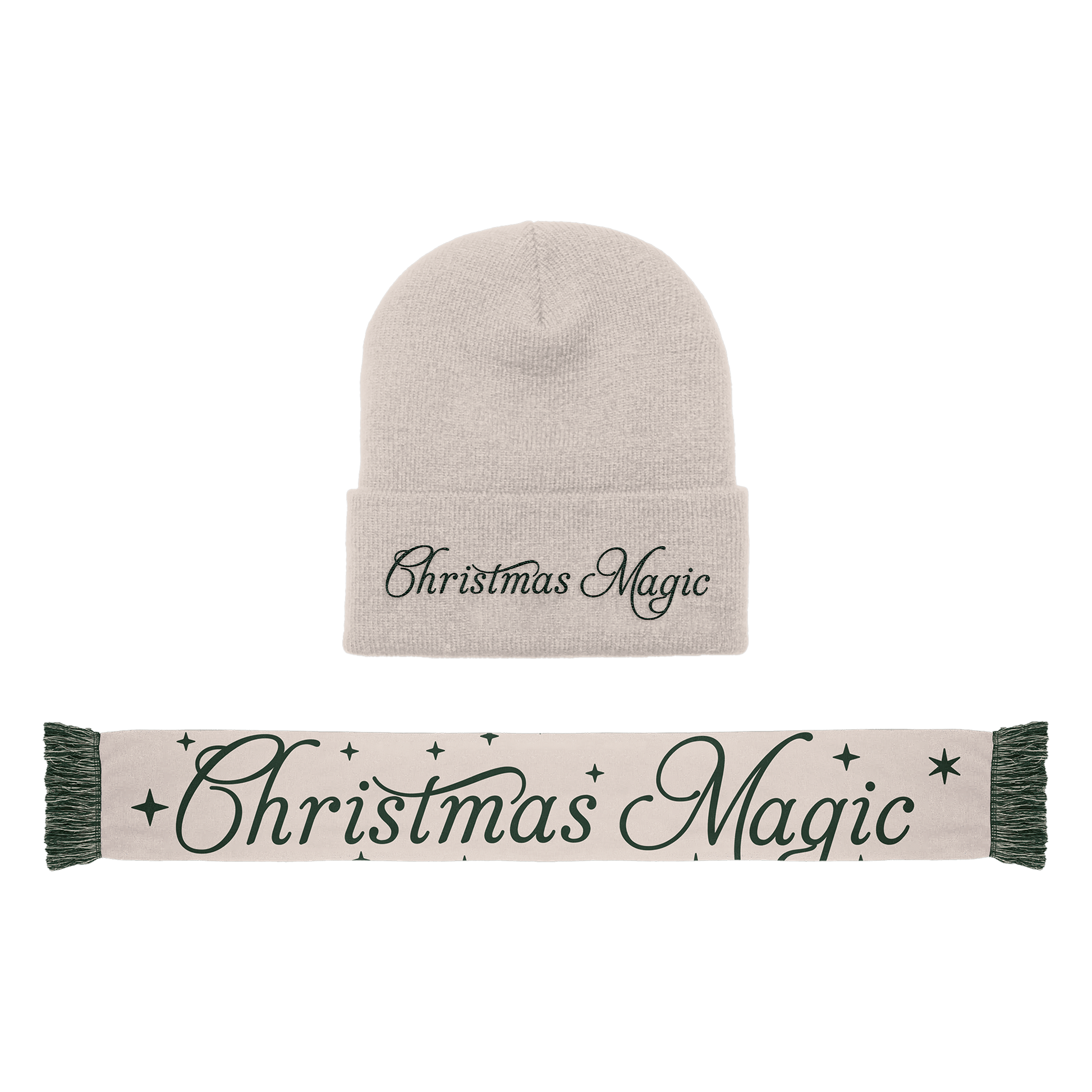 Beige beanie and scarf set with 'Christmas Magic' print