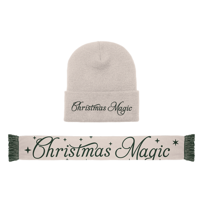 Beige beanie and scarf set with 'Christmas Magic' print