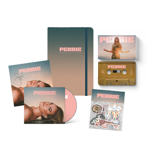 PERRIE Merch bundle featuring Perrie on CD and Cassette, a Perrie branded notebook, and a set of six stickers.