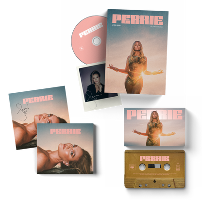 Music collection with 'Perrie' album covers, CD, and cassette on a white background