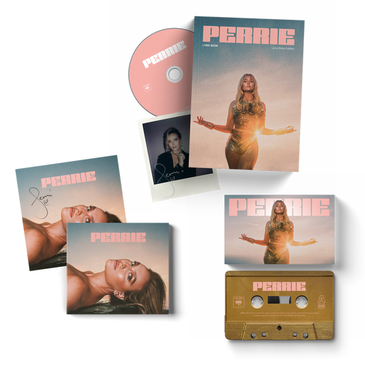 Music collection with 'Perrie' album covers, CD, and cassette on a white background