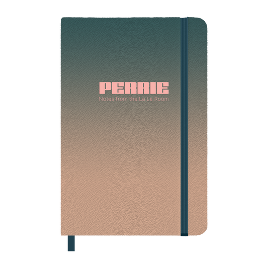 Notebook with gradient cover and pink 'PERRIE - Notes from the La La Room' print across the front